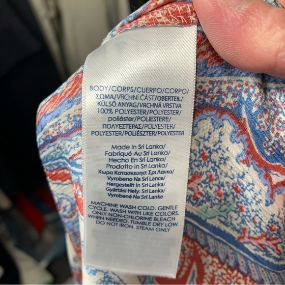 Chaps Boho White Blue Floral Tunic Blouse Flowy Round Neck Balloon Sleeves Sz L - Picture 9 of 11